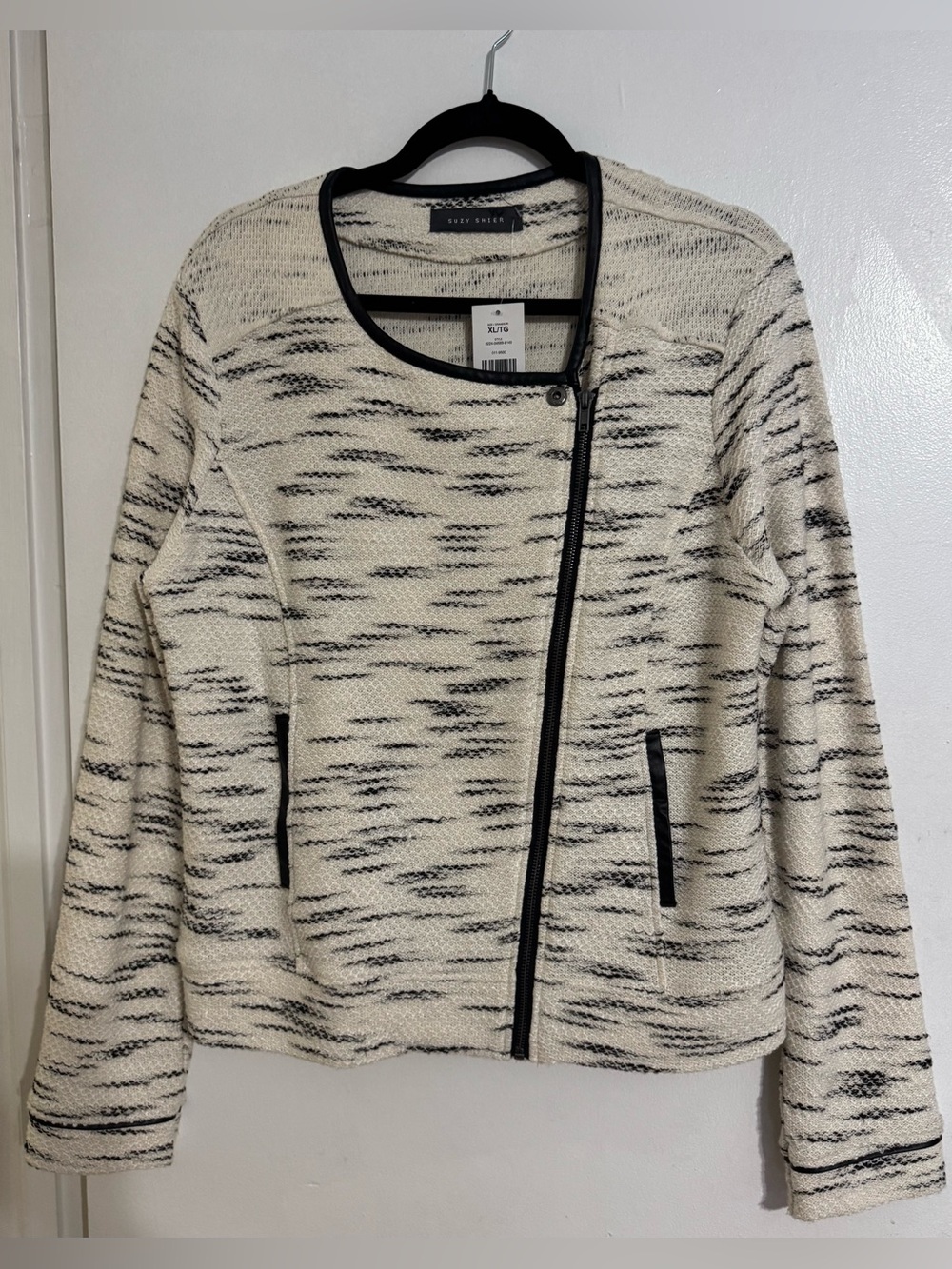 Suzy Shier Cream and Black Marled Zip-Front Sweater Jacket Size XL NWT